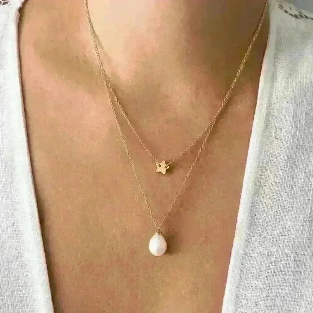 Adornia 14K Gold Plated Star & Baroque Pearl Layered Necklace